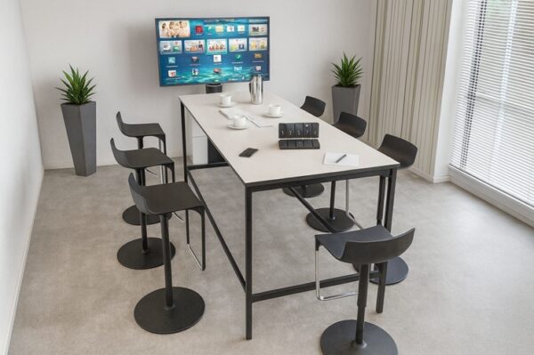 Konferenzmöbel für Meetingräume, Tisch zum Stehen mit Hockern Konferenzmöbel für Meetingräume, Tisch zum Stehen mit Hockern